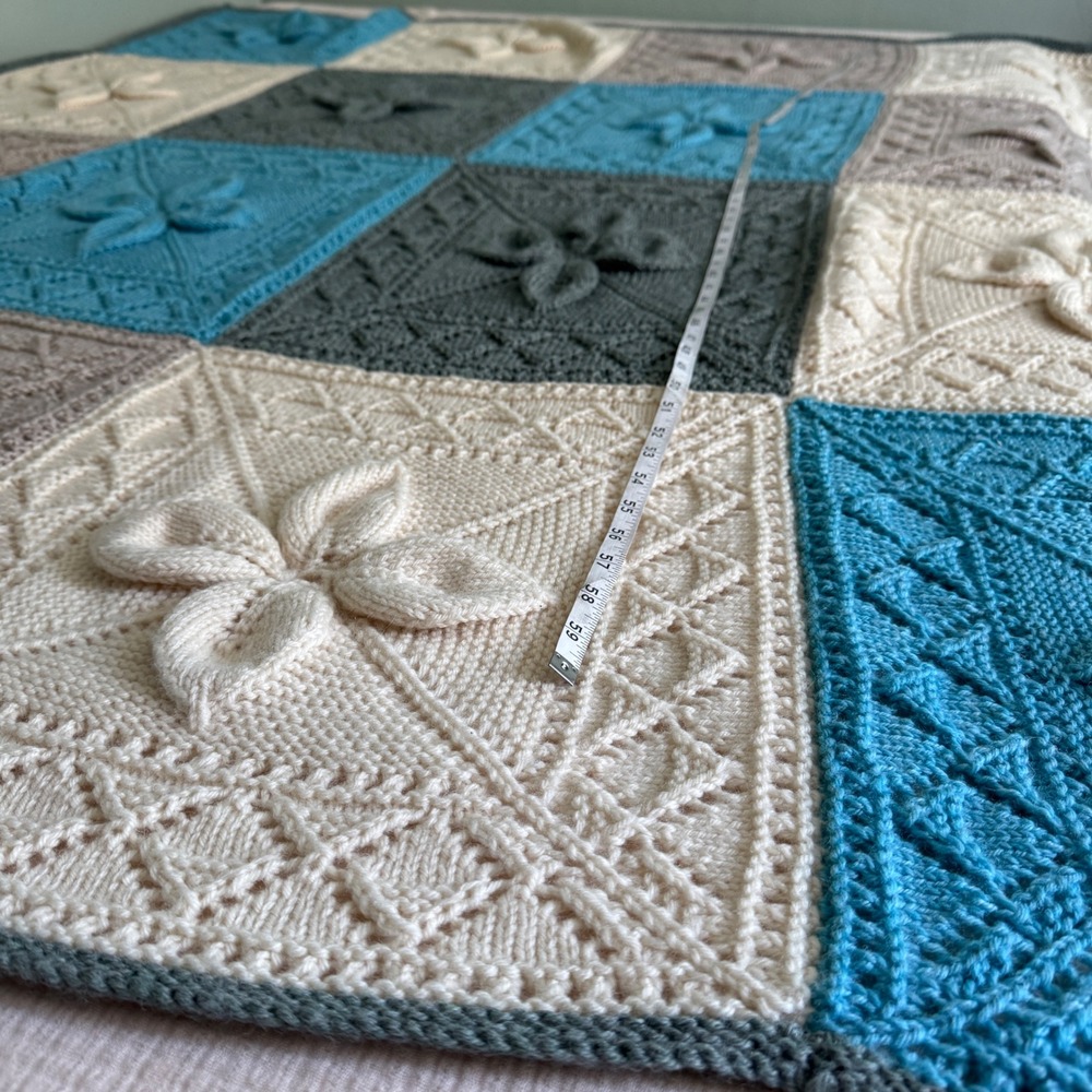 Handmade Knit Throw Blanket 66x66 Blue Grey Cream 3D Floral Granny Square SOFT! - Picture 10 of 13